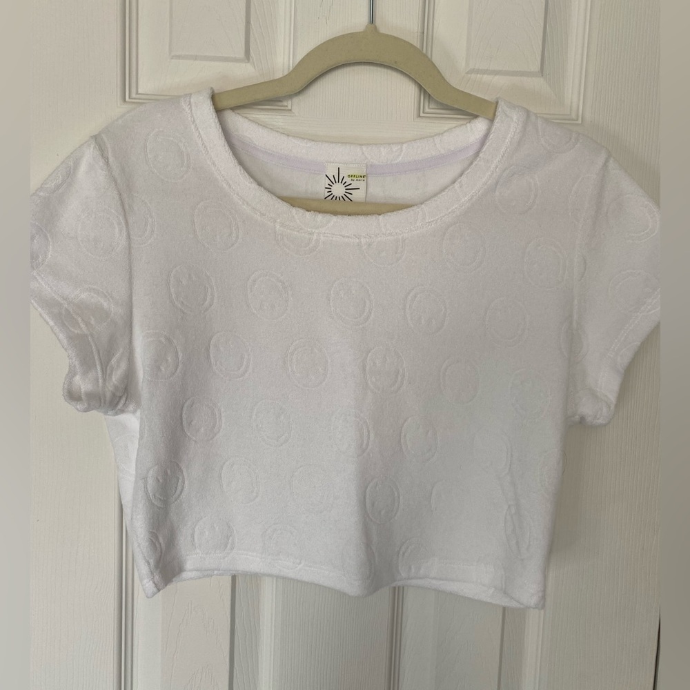 Aerie Crop Top Shirt Medium White Terry Cloth Smiley Face‎ Summer Beach Fun